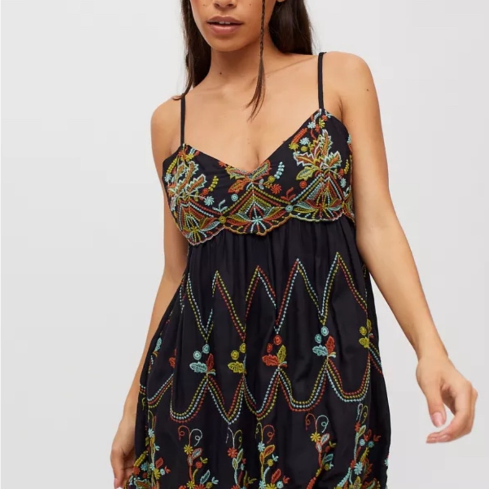 Urban Outfitters Embroidered Black Spaghetti Strap Dress XS